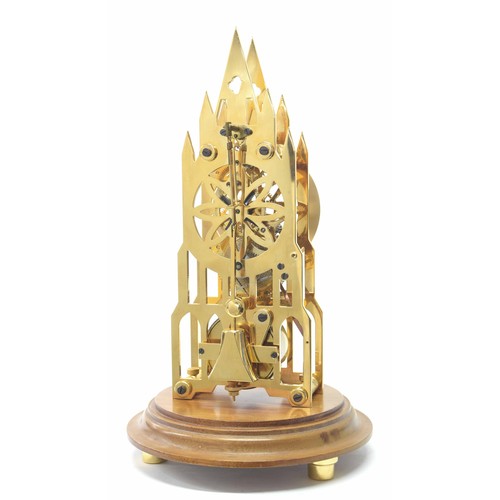 2320 - Contemporary Elliott gothic revival small single fusee gilded brass skeleton clock, the 3.75