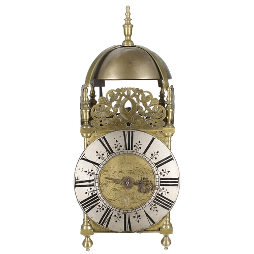 1324 - English brass hook and spike verge lantern clock, signed Jos Buckingham, London to the foliate engra... 