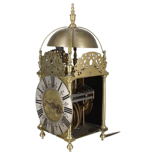 1324 - English brass hook and spike verge lantern clock, signed Jos Buckingham, London to the foliate engra... 