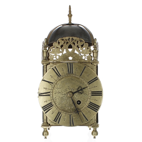 1327 - English period brass lantern clock case with later single fusee movement, the 6.25