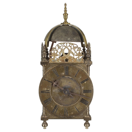 1326 - Interesting early English brass lantern clock signed Philip Wardale to the foliate engraved centre e... 