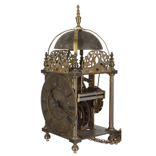 1326 - Interesting early English brass lantern clock signed Philip Wardale to the foliate engraved centre e... 