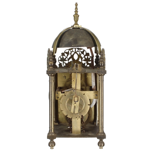 1326 - Interesting early English brass lantern clock signed Philip Wardale to the foliate engraved centre e... 