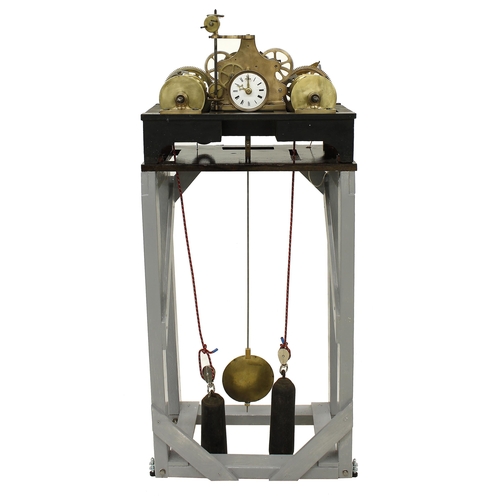 1338 - Good contemporary Swiss small two train brass and steel turret clock movement, the 4” white dial and... 