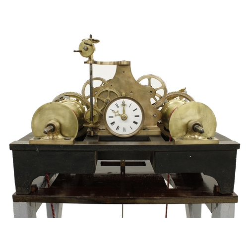 1338 - Good contemporary Swiss small two train brass and steel turret clock movement, the 4” white dial and... 