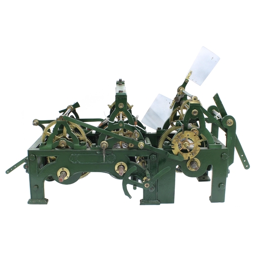 1340 - Three train turret clock, the going striking and quarter striking trains within a dark green cast ir... 