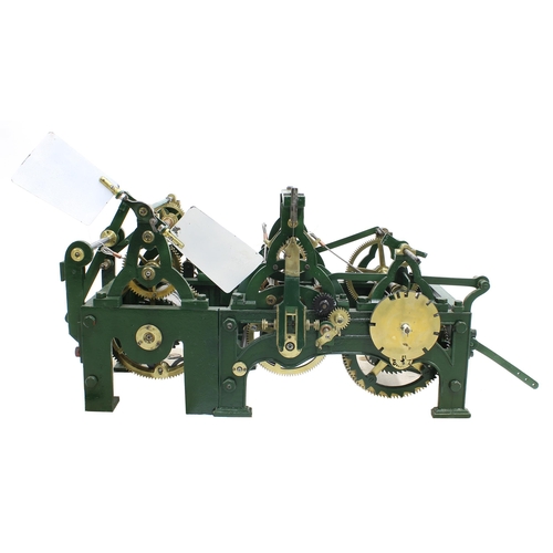 1340 - Three train turret clock, the going striking and quarter striking trains within a dark green cast ir... 