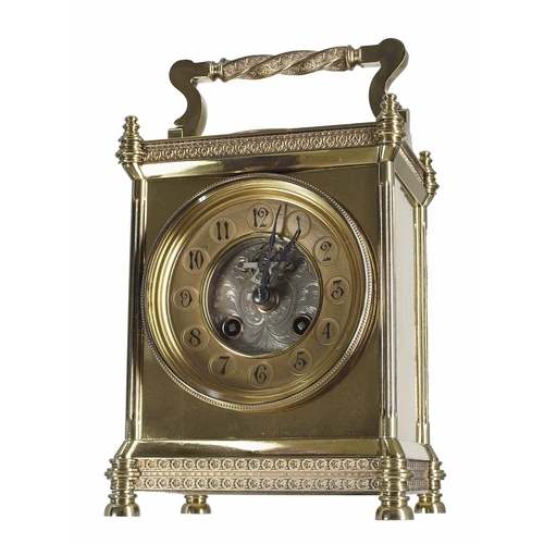 1304 - Brass two train mantel clock with barometer, striking on a gong, the 3.75