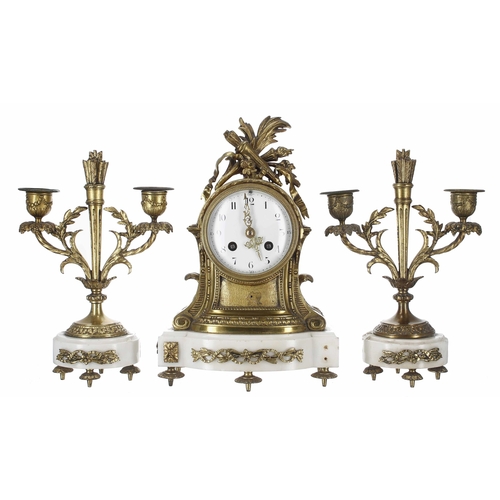 1503 - French ormolu and white marble two train mantel clock garniture striking on a bell, the 3.5