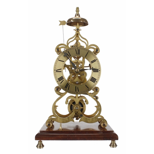 1512 - Modern brass single fusee skeleton clock with passing strike on a bell, the 5.75