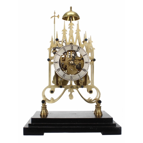 1516 - Good English brass double fusee skeleton clock striking on a bell, the 5