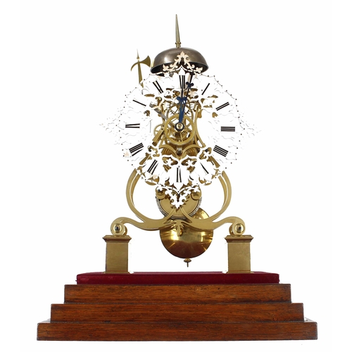 1554 - Good modern single fusee brass skeleton clock with passing strike on a bell, the 8.5