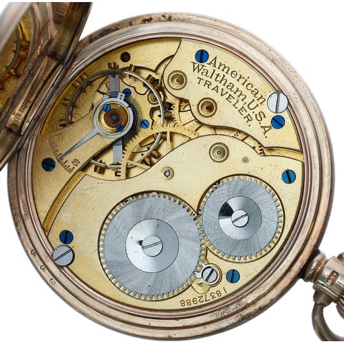 511 - American Waltham 'Traveler' 9ct lever half hunter pocket watch, circa 1912, serial no. 18372988, sig... 