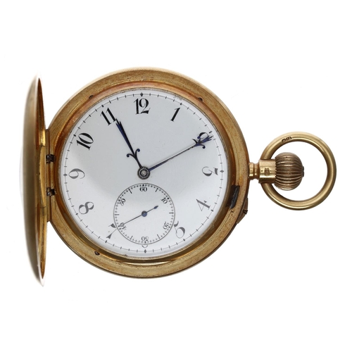 573 - Early 20th century 18ct half hunter lever pocket watch, London 1901, gilt frosted three quarter plat... 