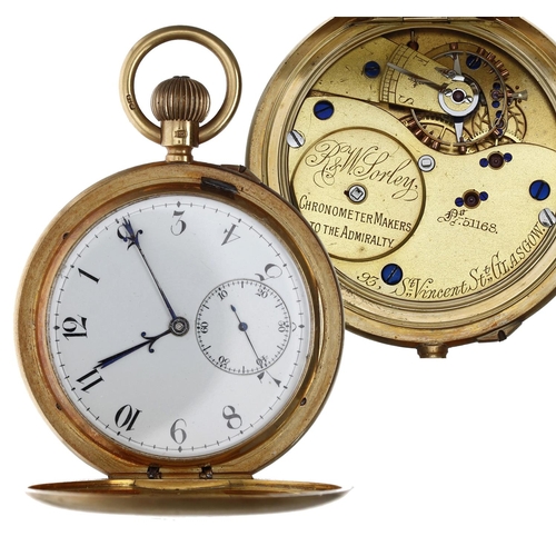 573 - Early 20th century 18ct half hunter lever pocket watch, London 1901, gilt frosted three quarter plat... 