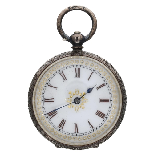 574 - Attractive silver (0.935) cylinder engraved fob watch, bar movement with gilt three arm balance and ... 