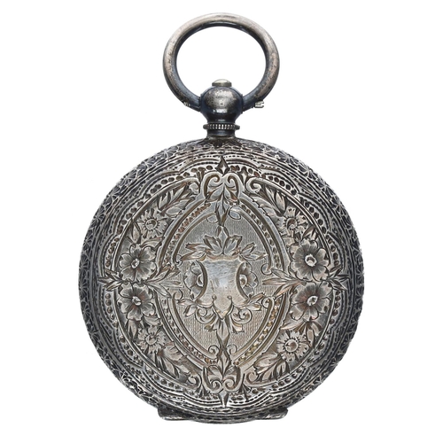 574 - Attractive silver (0.935) cylinder engraved fob watch, bar movement with gilt three arm balance and ... 