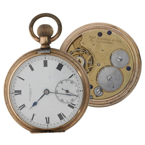 576 - Thomas Russell & Son gold plated lever hunter pocket watch, signed movement, no. 168850, inscrib... 