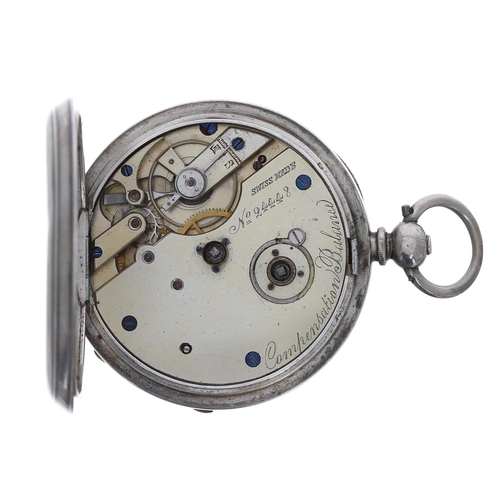 578 - Swiss silver (0.935) lever pocket watch, three quarter plate movement inscribed 'Compensated Balance... 