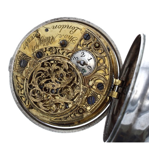 747 - English 18th century silver repousse pair cased verge pocket watch, London 1768, the fusee movement ... 