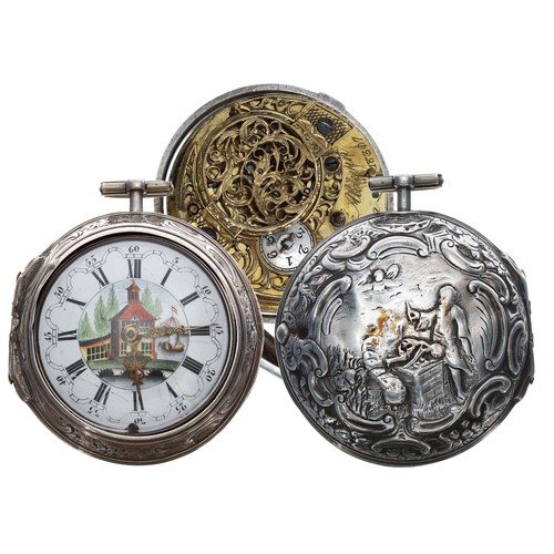 747 - English 18th century silver repousse pair cased verge pocket watch, London 1768, the fusee movement ... 