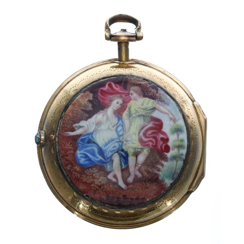 583 - English 18th century gilt and enamel pair cased verge pocket watch, the fusee movement signed J. Dow... 