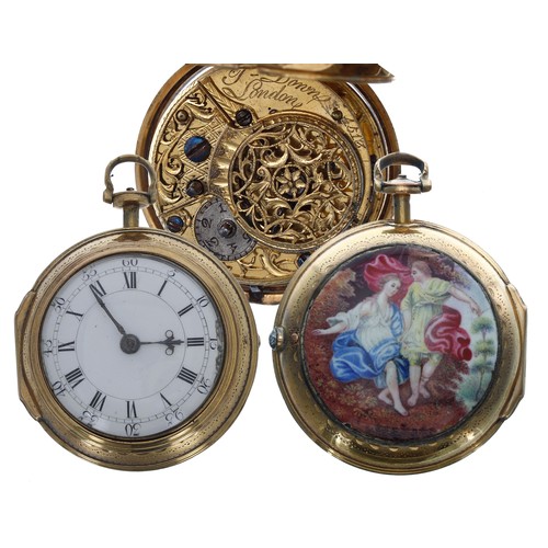 583 - English 18th century gilt and enamel pair cased verge pocket watch, the fusee movement signed J. Dow... 