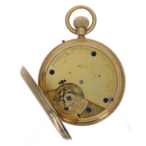 585 - Good Victorian 18ct and enamel hunter lever pocket watch, London 1873, gilt frosted three-quarter pl... 