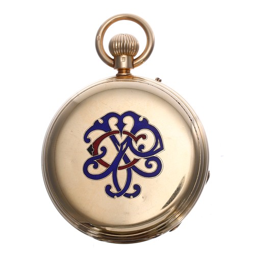 585 - Good Victorian 18ct and enamel hunter lever pocket watch, London 1873, gilt frosted three-quarter pl... 