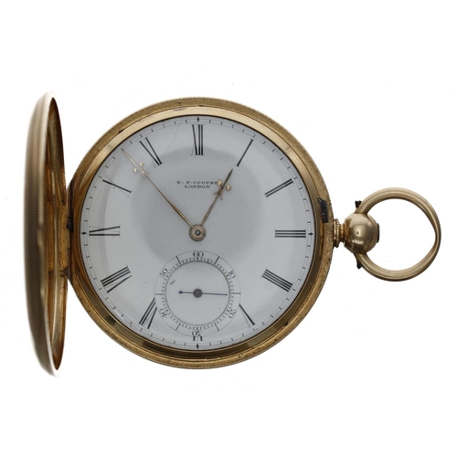 616 - Late Victorian 18ct lever hunter pocket watch, the free sprung gilt three quarter plate fusee moveme... 