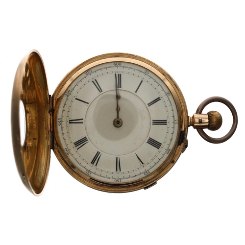 617 - Victorian 18ct centre seconds chronograph lever half hunter pocket watch, Chester 1893, unsigned gil... 