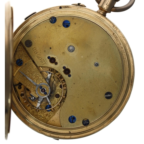 617 - Victorian 18ct centre seconds chronograph lever half hunter pocket watch, Chester 1893, unsigned gil... 