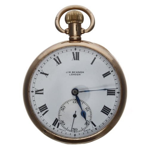 593 - J.W. Benson 9ct pocket watch, Birmingham 1928, signed gilt Swiss 15 jewel lever movement, Roman nume... 