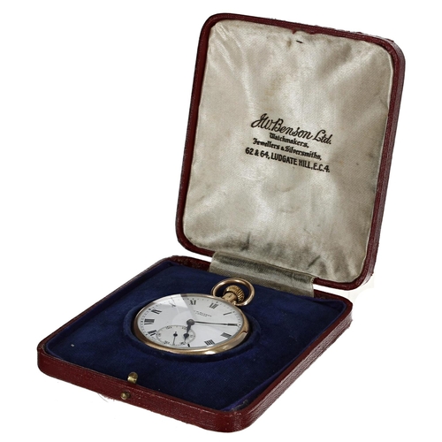 593 - J.W. Benson 9ct pocket watch, Birmingham 1928, signed gilt Swiss 15 jewel lever movement, Roman nume... 