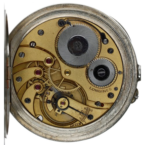 653 - FS Italian Railway - Longines nickel cased lever pocket watch, signed gilt frosted movement, Roman n... 