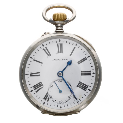 653 - FS Italian Railway - Longines nickel cased lever pocket watch, signed gilt frosted movement, Roman n... 