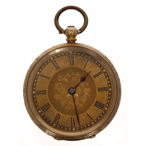 610 - Swiss 18ct cylinder engraved fob watch examined by J.W. Benson, signed metal hinged cuvette, gilt di... 