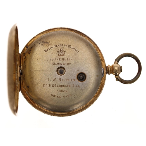 610 - Swiss 18ct cylinder engraved fob watch examined by J.W. Benson, signed metal hinged cuvette, gilt di... 