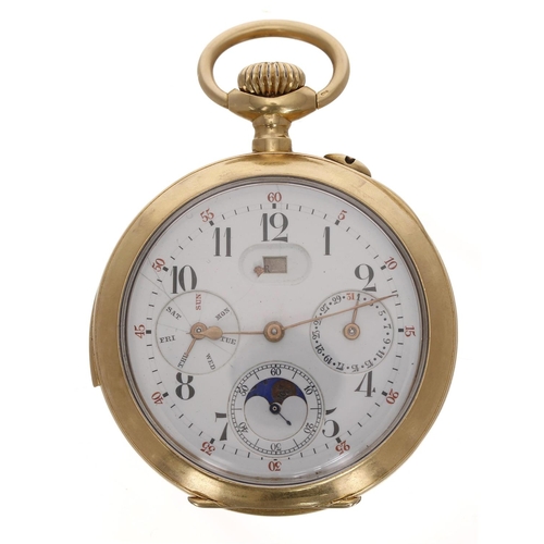 611 - Swiss 18ct minute repeating calendar pocket watch with moon phase, unsigned gilt frosted jewelled le... 