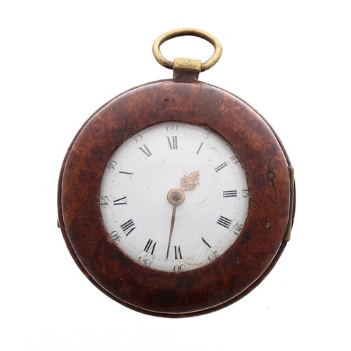 591 - Unusual English 18th century verge burr wood cased pocket watch, the fusee movement signed Thos Powe... 