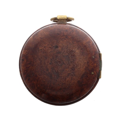 591 - Unusual English 18th century verge burr wood cased pocket watch, the fusee movement signed Thos Powe... 