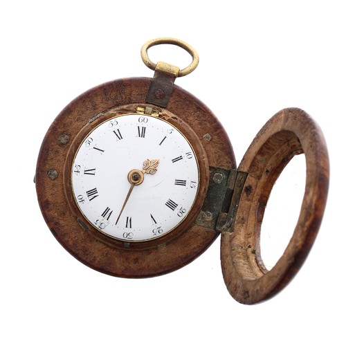 591 - Unusual English 18th century verge burr wood cased pocket watch, the fusee movement signed Thos Powe... 