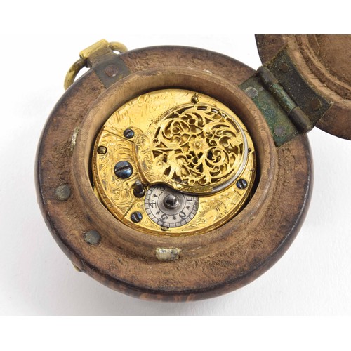 591 - Unusual English 18th century verge burr wood cased pocket watch, the fusee movement signed Thos Powe... 