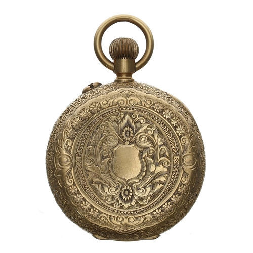 634 - Attractive Swiss 18ct (0.755) half hunter lever fob watch, gilt frosted three quarter plate movement... 