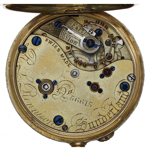 634 - Attractive Swiss 18ct (0.755) half hunter lever fob watch, gilt frosted three quarter plate movement... 