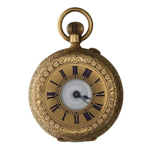 634 - Attractive Swiss 18ct (0.755) half hunter lever fob watch, gilt frosted three quarter plate movement... 