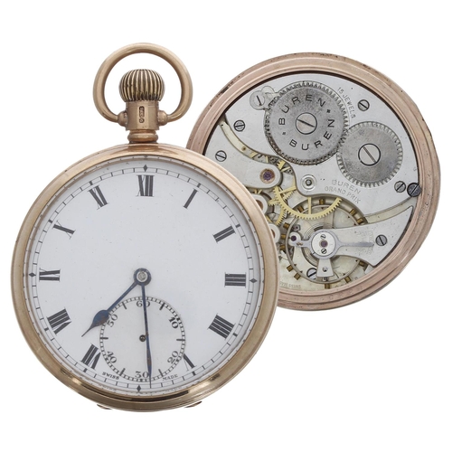 635 - Buren Grand Prix 9ct lever pocket watch, Birmingham 1930, signed 15 jewel movement, 9ct hinged cuvet... 