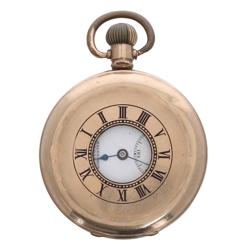 636 - Gold plated lever half hunter pocket watch, unsigned Swiss 15 jewel movement, hinged cuvette, Roman ... 