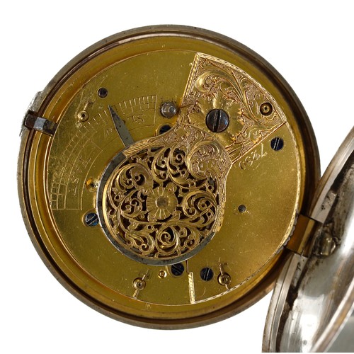 706 - English George IV silver pair cased verge pocket watch, London 1826, unsigned fusee movement, no. 72... 