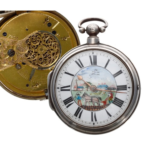 706 - English George IV silver pair cased verge pocket watch, London 1826, unsigned fusee movement, no. 72... 